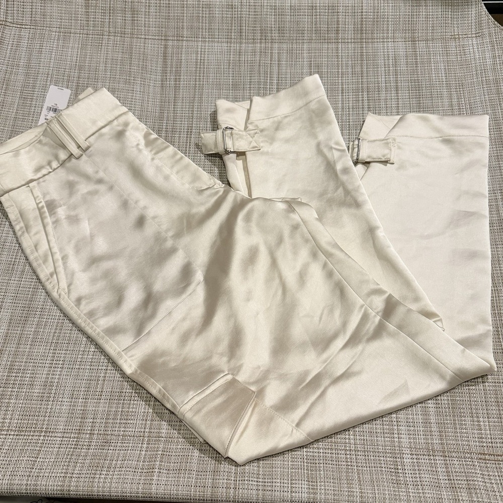 EXPRESS Cream Satin Cargo Pant US 12 Long Bucket Modern Chic Career Capsule NEW